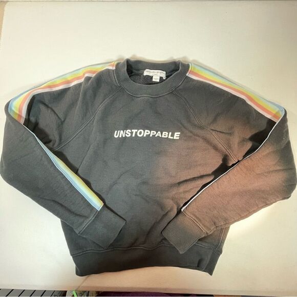 Spiritual Gangster gray sweatshirt “unstoppable” with rainbow stripe sleeves S - Picture 2 of 8